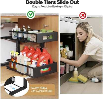 Under Sink Organizer, 2-Tier Dual Pull Out Cabinet Organizer Drawers With Smooth Circular Rail, Large Capacity Metal Mesh Sliding Shelves For Bathroom& Kitchen Storage,Height Adjustable–Black,2 Packs