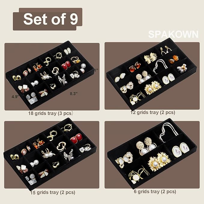 SPAKOWN Jewelry Organizer for Drawer Set of 9, Velvet Jewelry Tray Stackable Jewelry Organizer Display Trays Divided Earring Storage Containers (Black)
