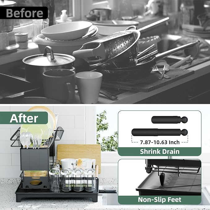 Vathingood 2 Tier Dish Drying Rack, Drying Rack with Automatic Drainboard, Dish Racks for Kitchen Counter, Rustproof Dish Drainer with Removable Utensil Holder, Cups Holder, Black
