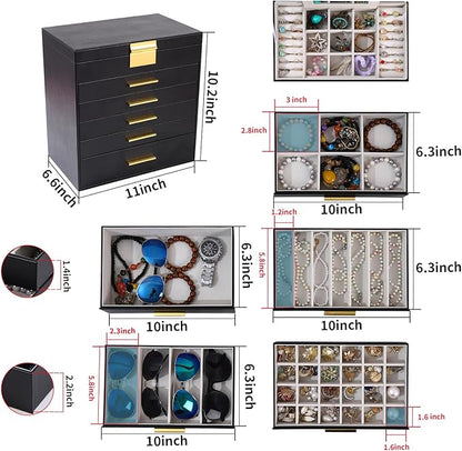 BOOVO Jewelry Box with Necklace Hanger – Jewelry Organizer for Women with 5 Drawers, Large Jewelry Storage Boxes –Jewelry Organizers and Storage for Earrings, Necklaces (Black, 6 layer)