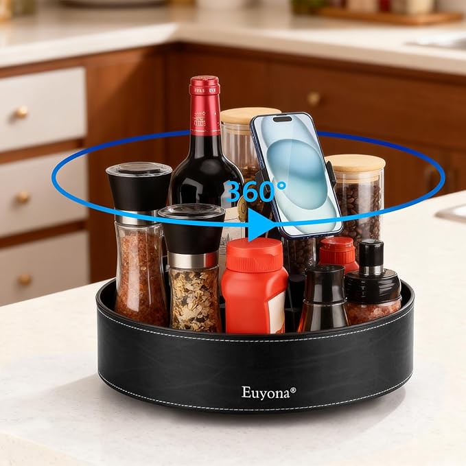 11.4 Inch Lazy Susan Turntable Organizer - 6 Removable Compartments with Phone Holder, 360° Rotating for Cabinet/Counter/Table. Spacious Storage for Food, Spices, Cosmetics & More. (Black)