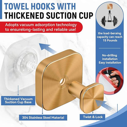 IGDALAR Suction Cup Hooks 4 Pack - Heavy Duty Vacuum Towel Hooks (Max Load 15 lbs) for Shower, Removable Waterproof Wall Hangers for Bathroom Glass, Window & Kitchen (Rose Gold)
