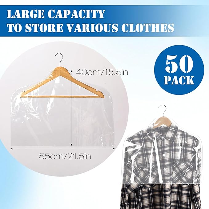 Chumia 50 Pieces Clear Shoulder Cover for Clothes Closet Bulk, Plastic Hanger Covers for Hanging Clothes Shoulder Garment Dust Cover Protectors for Men Women Suit Coats Jackets Dress(21.5'' X 15.5")