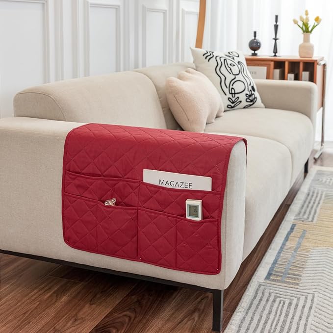 OYX Recliner Armrest Organizer with 6 Pockets, Non-Slip Remote Control Holder for Couch, Sofa & Bedside Storage, Compatible with Phone, iPad, Magazines
