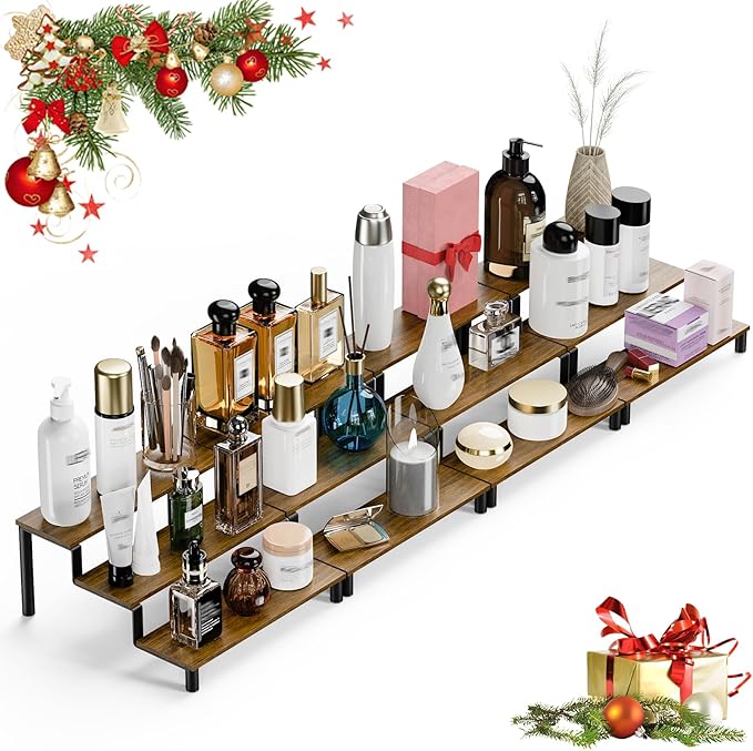 4 PCS Wooden Display Riser Stand, 3-Tier Perfume Organizer Stand, Spice Rack Organizer, Figure Stand, Coffee Syrup Rack Organizer, Home Bar Display