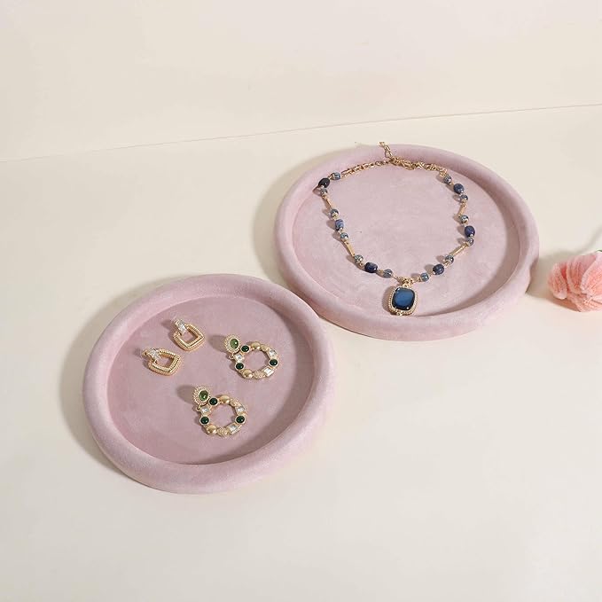 GemeShou Round Jewelry Organizer Plate, Top Microfiber Velvet Jewelry Display Tray, Empty Jewelry Showcase Tray for Necklaces, Bracelets, Rings, Earrings (Pink-Medium, 7.9 x 7.9 in)