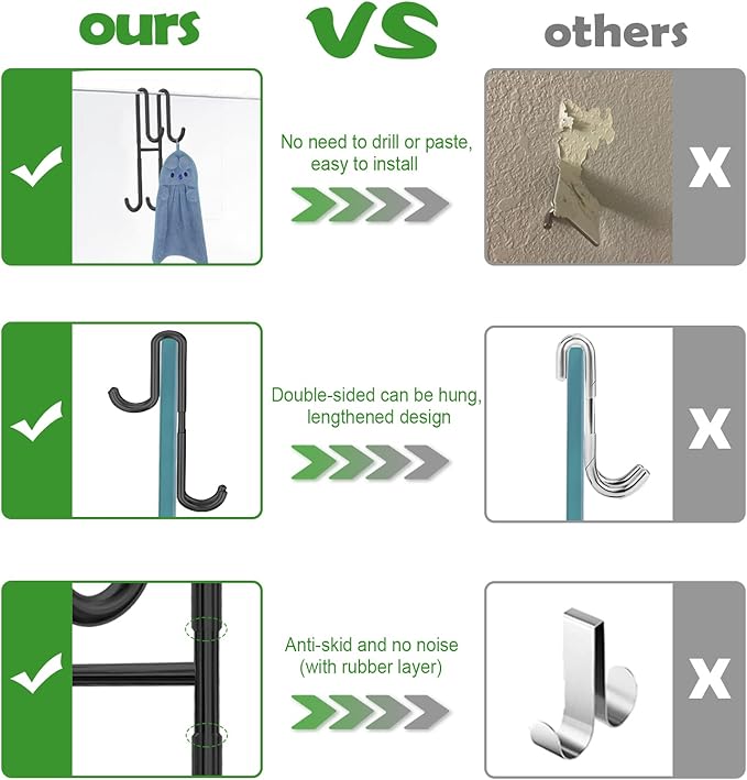 Cerbonny Shower Door Hooks, 2 Pack Double Towel Hooks for Bathroom Frameless Glass Shower Door, Heavy Duty Stainless Steel Bathroom Hanger Without Perforation，Black