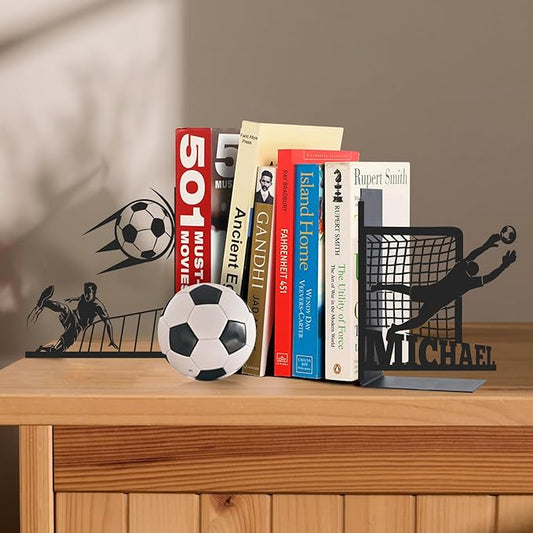 Personalized Metal Book Ends for Shelves 2 Pcs, Custom Soccer Theme Decorative Bookends with Name, Non-Slip Book Stopper, Desk Book Organizer, Black Book Holders for Home Office, Gifts for Men