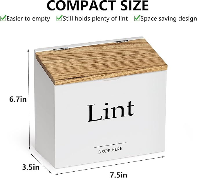 Magnetic Lint Bin for Laundry Room - Compact Size, Wooden Dryer Lint Bin with Lid - Rustic Lint Box, Magnetic Bin - Modern Farmhouse Laundry Room Decor, White with Torched Lid