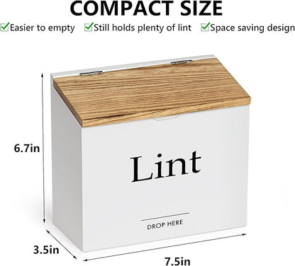 Magnetic Lint Bin for Laundry Room - Compact Size, Wooden Dryer Lint Bin with Lid - Rustic Lint Box, Magnetic Bin - Modern Farmhouse Laundry Room Decor, White with Torched Lid