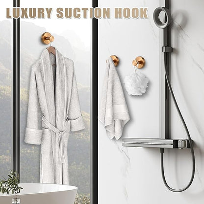 Fenas Suction Cup Hooks for Shower No-Drill Bathroom Hooks for Towels, Robes, Loofah Mountable on Bathroom Walls, Kitchen, Glass, Mirrors, Tile and Smooth,Non-Porous Surfaces (2, Champagne Bronze)