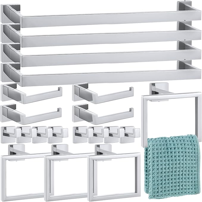 Gisafai 20 Pcs Silver Bathroom Hardware Accessories Set 23.6 Inch Bath Towel Bar Kit Stainless Steel Bathroom Hardware Set Towel Racks Ring Robe Hooks Paper Holder for Wall Mounted