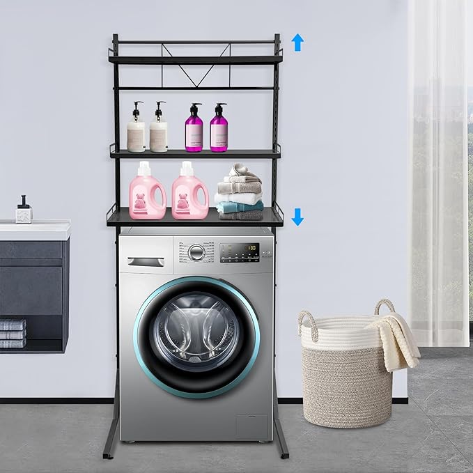 Eapmic Over The Washer and Dryer Storage Shelves, Laundry Room Standing Shelf, 3 Tier Expandable Washer and Dryer Rack with Adjustable Height, Over Toilet Washing Machine Width Within 25.2" (Black)