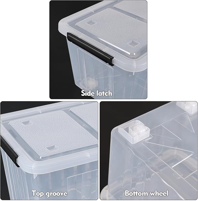Sadstory 30 Quart Clear Latching Bin with Lid, Plastic Storage Tote Box with Wheels, 4 Packs