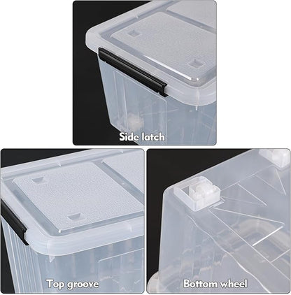 Sadstory 30 Quart Clear Latching Bin with Lid, Plastic Storage Tote Box with Wheels, 4 Packs