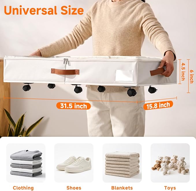 KitHero 6 Inches Under Bed Storage with Wheels Pack of 2, Underbed Shoe Storage Container Bin with Clear Lid Cover, Rolling Under Bed Drawer Storage Bag Basket for Shoe Organizer Sheet Sweater - White