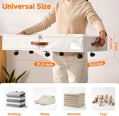 KitHero 6 Inches Under Bed Storage with Wheels Pack of 2, Underbed Shoe Storage Container Bin with Clear Lid Cover, Rolling Under Bed Drawer Storage Bag Basket for Shoe Organizer Sheet Sweater - White