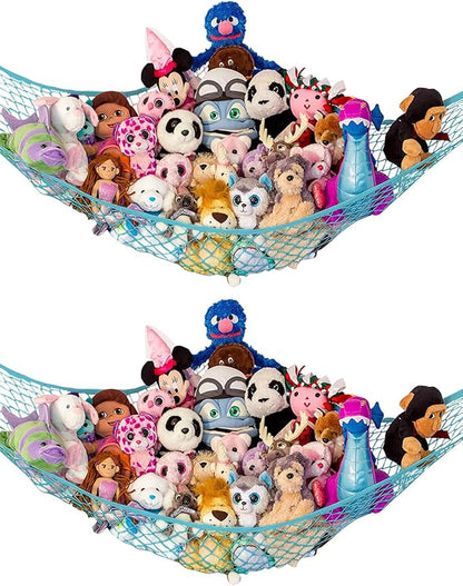 Lilly's Love Stuffed Animal Hammock | Corner Hanging Organizer, Toy Storage, Stuffed Animal Storage Net | Made from Quality Fishing Net, Holds 12lbs | 67"x47"x47" (Light Blue, 2 Pack)