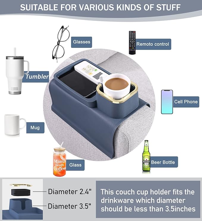 HMASYO Couch Cup Holder Tray - Silicone Sofa Armrest Table Couch Drink Holder and Tray Organizer for Remote Snacks Cellphone, Anti-Spill Anti-Slip Design, Gifts for Family Mom Dad Grandma