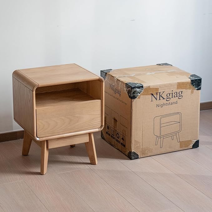 NKGIAG Solid Wood Nightstand, Mid-Century Modern Night Stand with Drawer & Open Shelf, Compact Bedside Tables for Bedroom, Office, Small Spaces, Light Natural Finish, Pre-Assembled