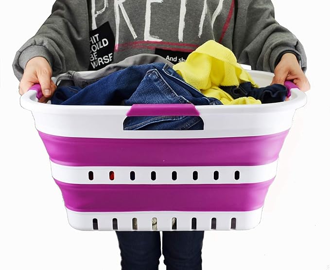 SAMMART 30L (8 gallon) Collapsible 3 Handled Plastic Laundry Basket - Foldable Pop Up Storage Container/Organizer - Space Saving Hamper/Basket (White/Purple)