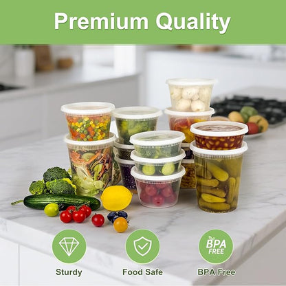 Dipoo 60 Sets (120-Piece) Deli Containers with Lids, 32/16/8 oz X 20 Set Each, Leak-Proof & BPA Free Airtight Takeout Plastic Food Storage Containers for Soup, Freezer/Microwave/Dishwasher Safe