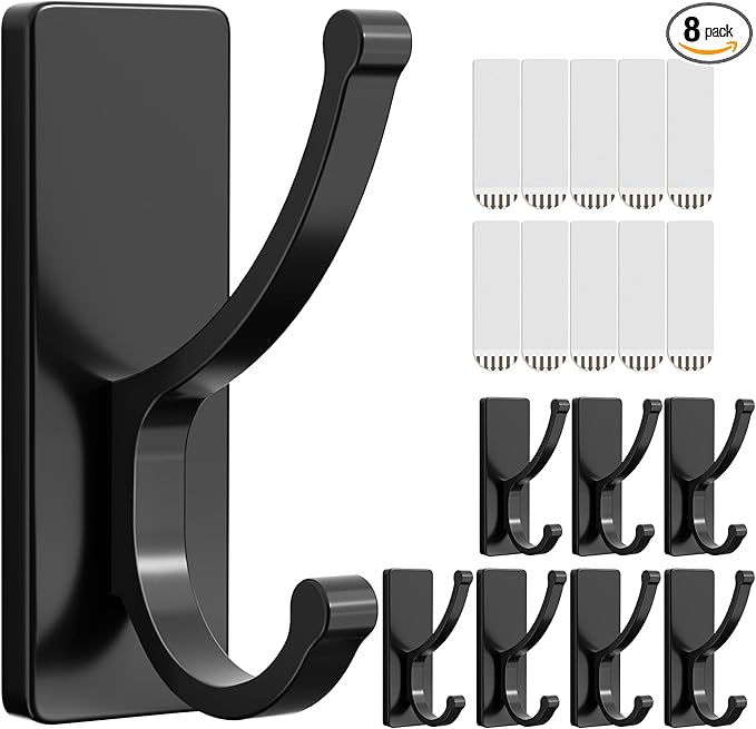 pickpiff Adhesive Wall Hooks with Strip - No Residue, Easy to Remove, Strong Heavy Duty Sticky Towel Hook, 8 Pack Black