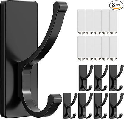 pickpiff Adhesive Wall Hooks with Strip - No Residue, Easy to Remove, Strong Heavy Duty Sticky Towel Hook, 8 Pack Black