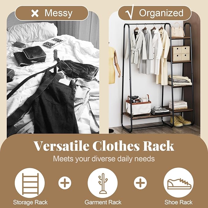 COSTWAY Clothes Rack with Shelves, Heavy Duty Garment Rack with Hanging Rod, 5-tier Shelves, Adjustable Foot Pads, Closet Organizer, Freestanding Wardrobe Clothing Racks for Hanging Clothes (Black)
