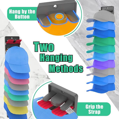 BRUBEQO Hat Organizer for Baseball Caps 2 Packs with Built-in Spring Clips - Wall Mount Closet Hat Rack Holder, Adjustable Storage for Door/Closet Display Hat Racks Hanger (Strong Adhesive & Screws)