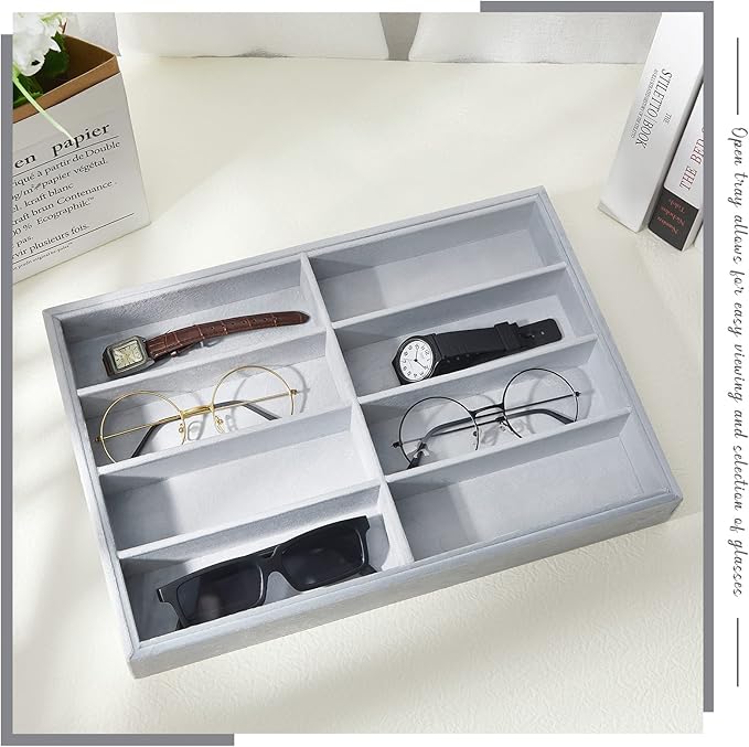 Amylove 2 Pcs Sunglass Organizer Trays Glasses Stackable Jewelry Trays Sunglass Organizer Display Box(8 Grids,Gray)