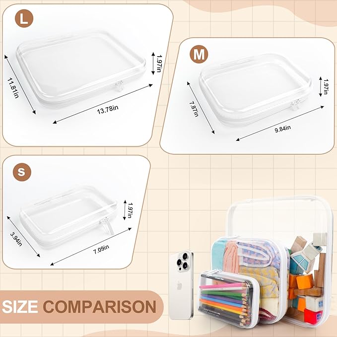3PCS Clear Hard Shell Zipper Case,Toy Organizers and Storage Box,Clear Toiletry Cosmetic Case,Travel Makeup Bags, Diaper Bag Organizer,Pencil Case,Stackable Portable Transparent Zipper Pouches White-L