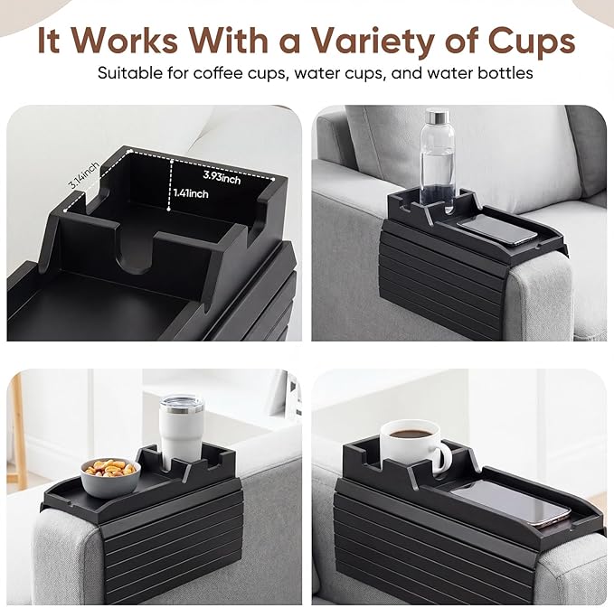 Foldable Bamboo Couch Arm Tray with Cup Holder - Anti-Slip Sofa Armrest Organizer for Drinks, Snacks, Remotes, Phones & More - Eco-Friendly Home Decor Gift (Black)