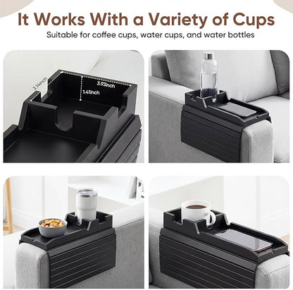 Foldable Bamboo Couch Arm Tray with Cup Holder - Anti-Slip Sofa Armrest Organizer for Drinks, Snacks, Remotes, Phones & More - Eco-Friendly Home Decor Gift (Black)