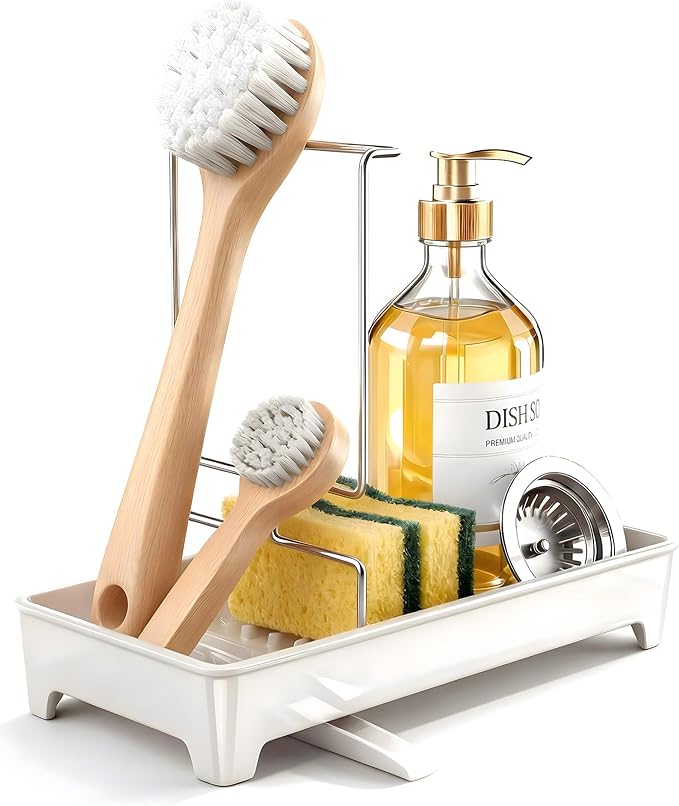 Caumic Minimalist Sink Caddy, Rustproof Sponge Holder for Kitchen Sink with 304 Stainless-Steel Brush Holder, Countertop Rack Organizer with Raised Ridges & Silicone Drain Tube (Cream White)
