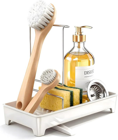 Caumic Minimalist Sink Caddy, Rustproof Sponge Holder for Kitchen Sink with 304 Stainless-Steel Brush Holder, Countertop Rack Organizer with Raised Ridges & Silicone Drain Tube (Cream White)