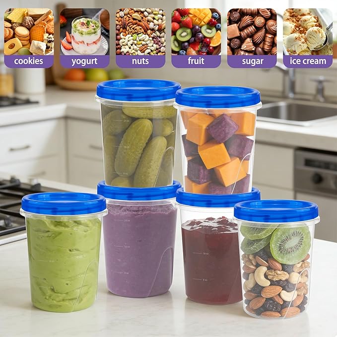 ISUSSER 6 Pack Freezer Containers with Screw On Lids, 32 Oz Stackable Reusable Plastic Storage Container, Airtight Plastic Food Storage Containers with Twist Top Lids for Food Soup Jello Sauce