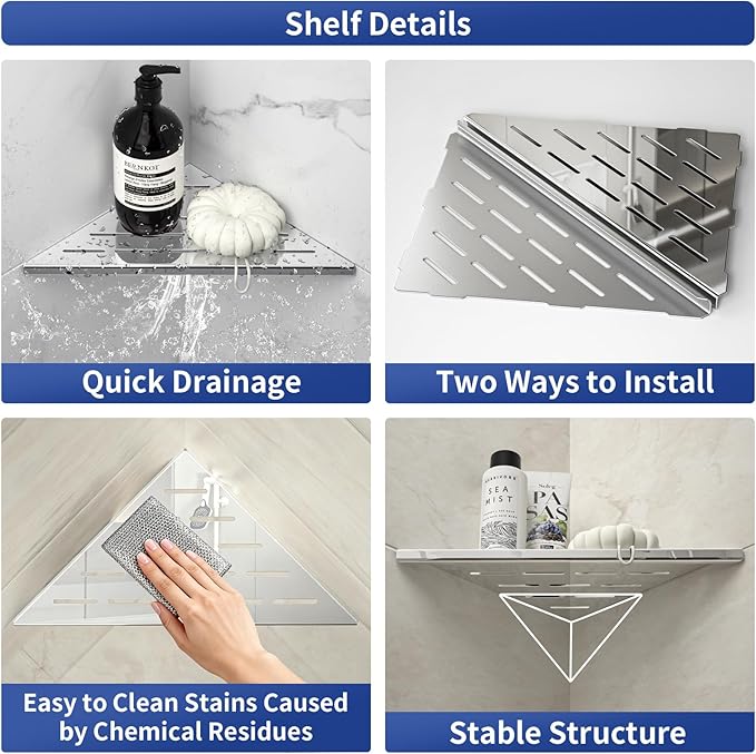 Bernkot Corner Shower Shelf 10" Polished 304 Stainless Steel Recessed Corner Shelves with Slot Design Bathroom Grout in Shelf for Tiled Wall, 2 Pack