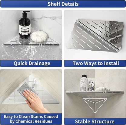 Bernkot Corner Shower Shelf 10" Polished 304 Stainless Steel Recessed Corner Shelves with Slot Design Bathroom Grout in Shelf for Tiled Wall, 2 Pack