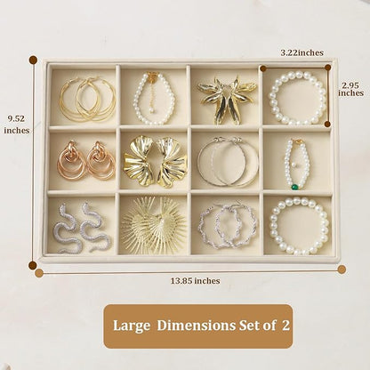 KATISYIO Large Velvet Jewelry Tray 2 Pack Stackable Jewelry Display Drawer Inserts Trays Organizer for Earring Bracelet Necklace Ring (Beige, 12 Grids)