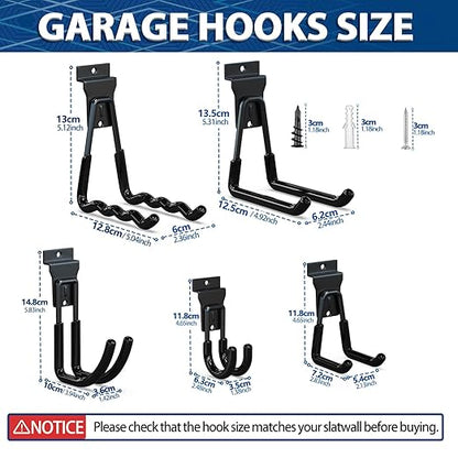 3-H Slatwall Accessories 10 Pack,Slatwall Hooks & Hangers 5 Sizes,Slat Wall Hanging Hooks Heavy Duty,Proslat Accessories for Garage Storage Wall Panels Organzing Garden Tools Chairs Ladder(Black)