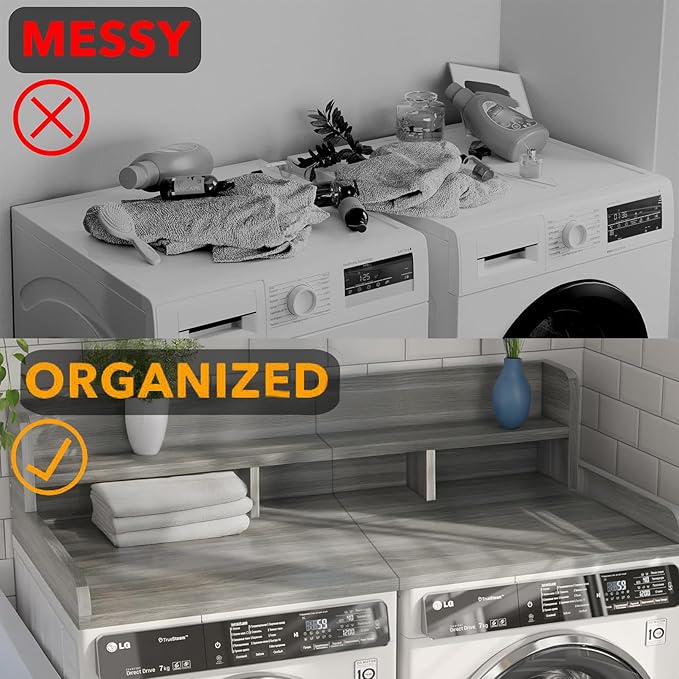 Washer Dryer Countertop, Laundry Wood Shelf Topper with Edge, 2-Tier Laundry Countertop, for Washer and Dryer Laundry Hamper Counter Storage Organization (Grey)
