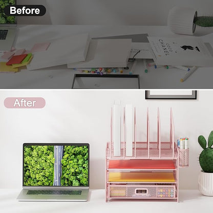 Marbrasse Desk Organizers, 4-Tier Mesh Desk File Organizer with 5 Vertical File Holders and 2 Pen Holders, Multifunction Desktop Organizer,Desk Organizers and Accessories for Home Office (Pink)