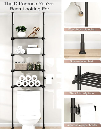 ALLZONE Over The Toilet Storage Cabinet, 4-Tier Adjustable Bathroom Shelves, 22-34 Inch Wide, Tension Mounted Organizer, Space-Saver Narrow Shelf, Fits 66-115 Inch Heights, Black
