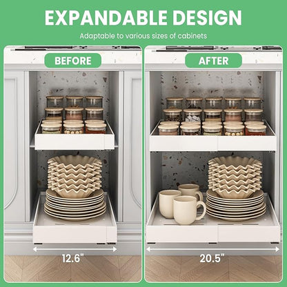 THMINS 2 Pack Expandable Pull Out Cabinet Organizer, 21" Depth, for Kitchen Cabinets, Upgrade 3 Slide Slide-Out Drawers, Adjustable Width 12.05" - 20.5", White
