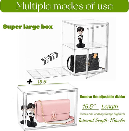Acrylic Display Case with an Adjustable Divider, 2 Tiers XXX-Large Boot Shoe Storage Boxes Clear Plastic Stackable Storage Bin with Lids Super Large Clear Display Box for Shoes, Collectibles