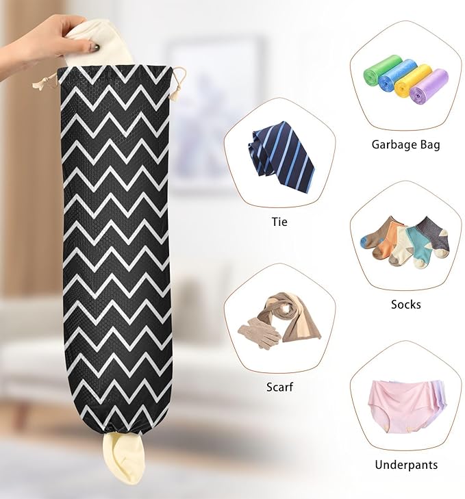 2 PCS Plastic Bag Holder Wall Mount Grocery Bag Holder Shopping Bag Trash Bag Storage Organizer Dispenser for Kitchen Closet 22 x 9 Inch Black and White Zigzag