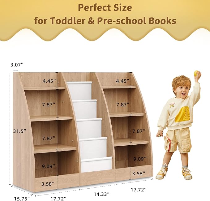 4 Tier Kids Bookshelf, 4 Layer Sling Kid Book Shelf for Kids Rooms, XXL Wood Children Bookcase,Baby Storage Book Rack,Toddler Bookshelfs, Book and Toy Organizer,Books Display Shelf Burlywood