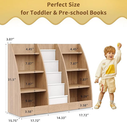 4 Tier Kids Bookshelf, 4 Layer Sling Kid Book Shelf for Kids Rooms, XXL Wood Children Bookcase,Baby Storage Book Rack,Toddler Bookshelfs, Book and Toy Organizer,Books Display Shelf Burlywood