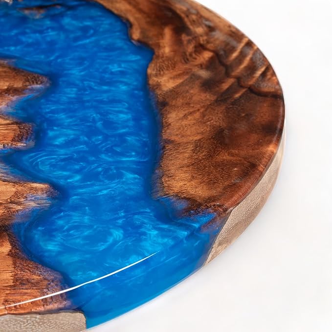Handmade Reversible 16" Wood and Epoxy Resin Lazy Susan, Turntable for Kitchen Countertop, Rotating Display Stand, Organizer and Storage for Dining Table, Cup Board, Home Decor (Medium Blue)